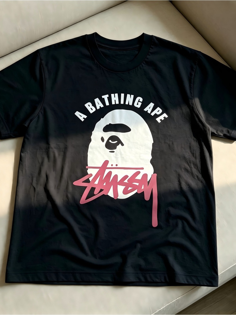 Stussy A Bathing Ape Graphic Black Sleeve Streetwear Womens Mens T-shirt Unisex
